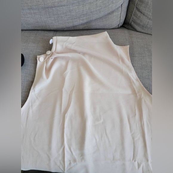 Beige Cowl Draped Pleated Neck Sleeveless Top Blouse Decorative Shoulder Buttons - Picture 6 of 7